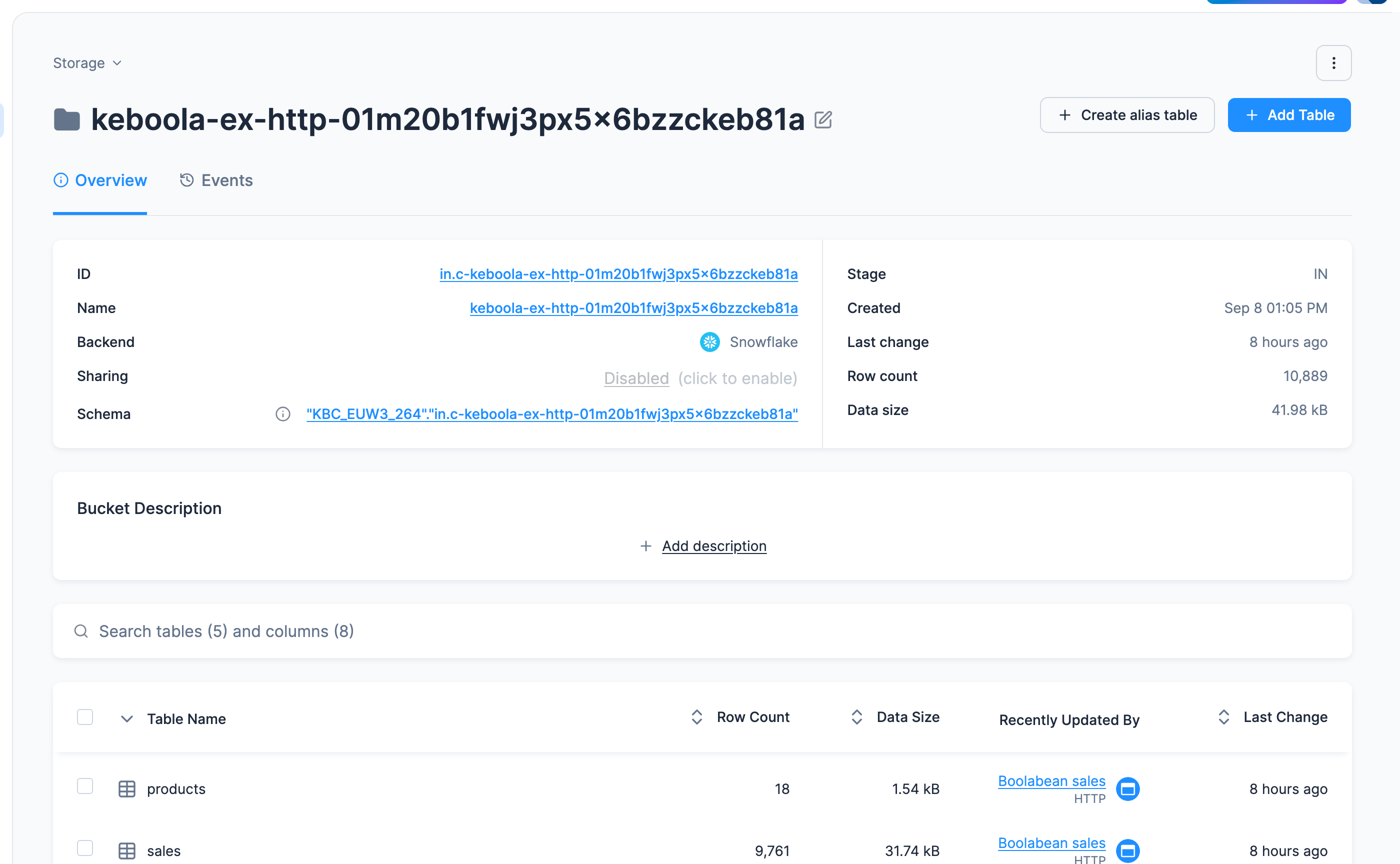 Screenshot - The tables in Storage