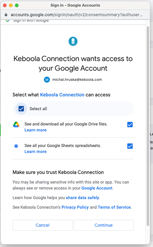 Screenshot - Grant access to spreadsheets