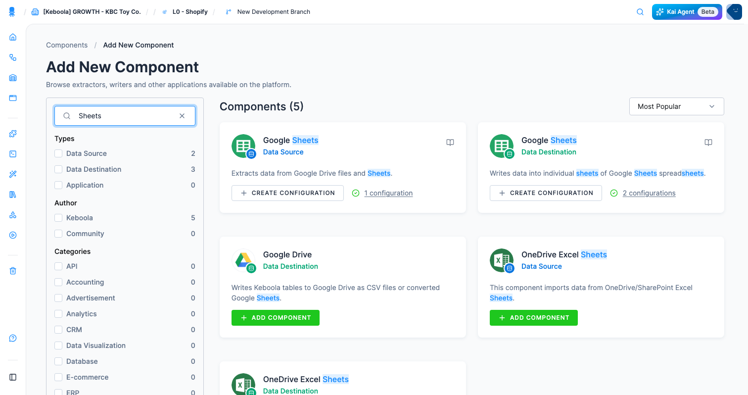 Screenshot - Search for the Google Sheets destination